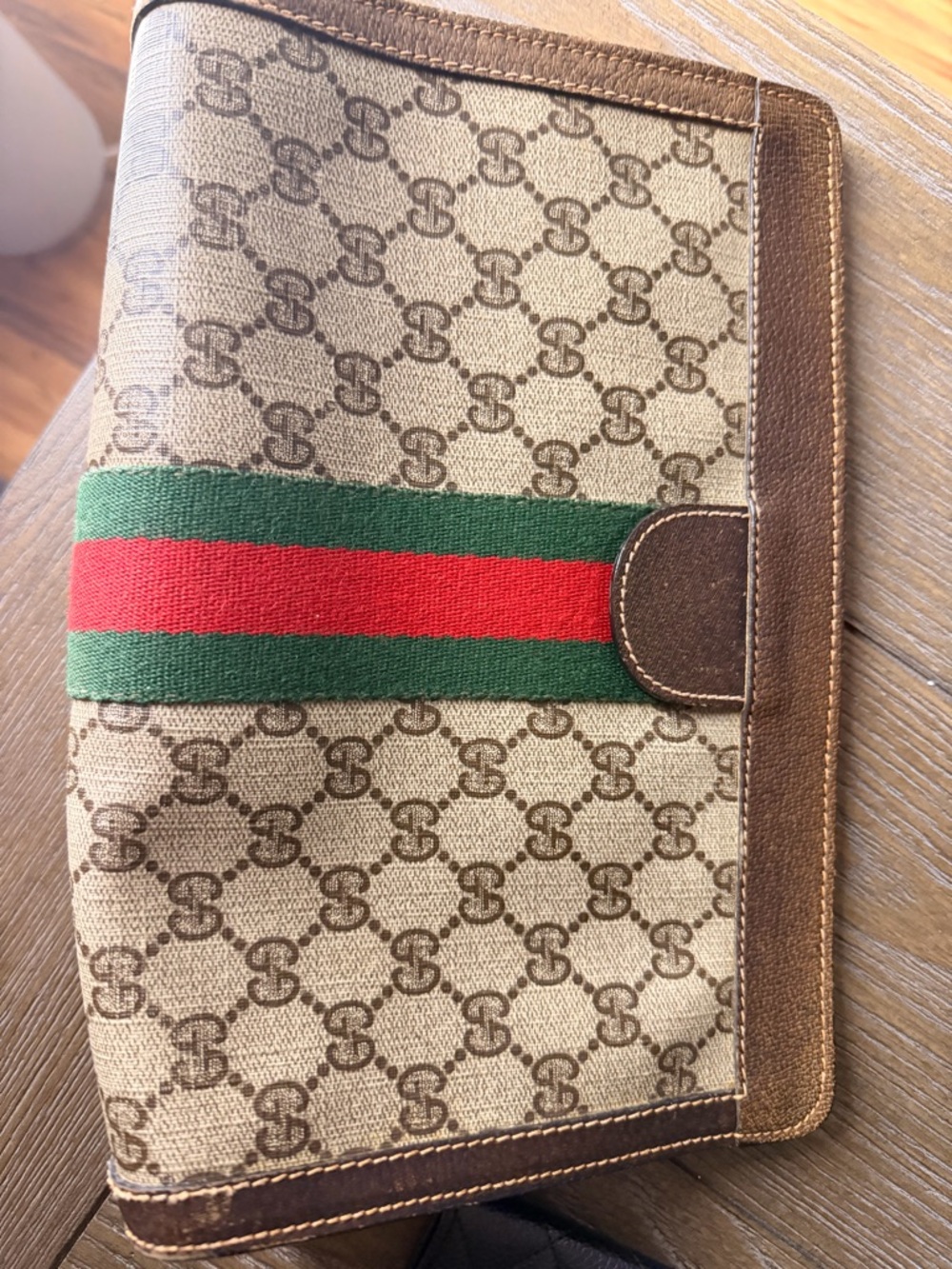 Gucci Beige Brown Monogram Toiletry Pouch with Signature Green-Red Web